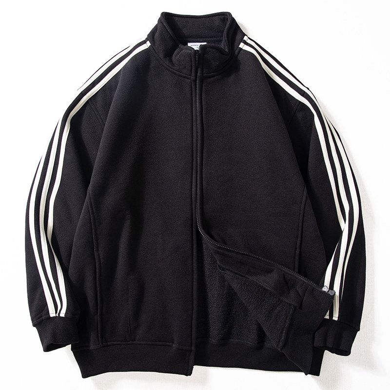 Men's Autumn and Winter Warm Fleece-Lined Thick Striped Color-Block Sweatshirt, Youthful Loose Casual Zip-Up Jacket with Stand Collar, Trendy