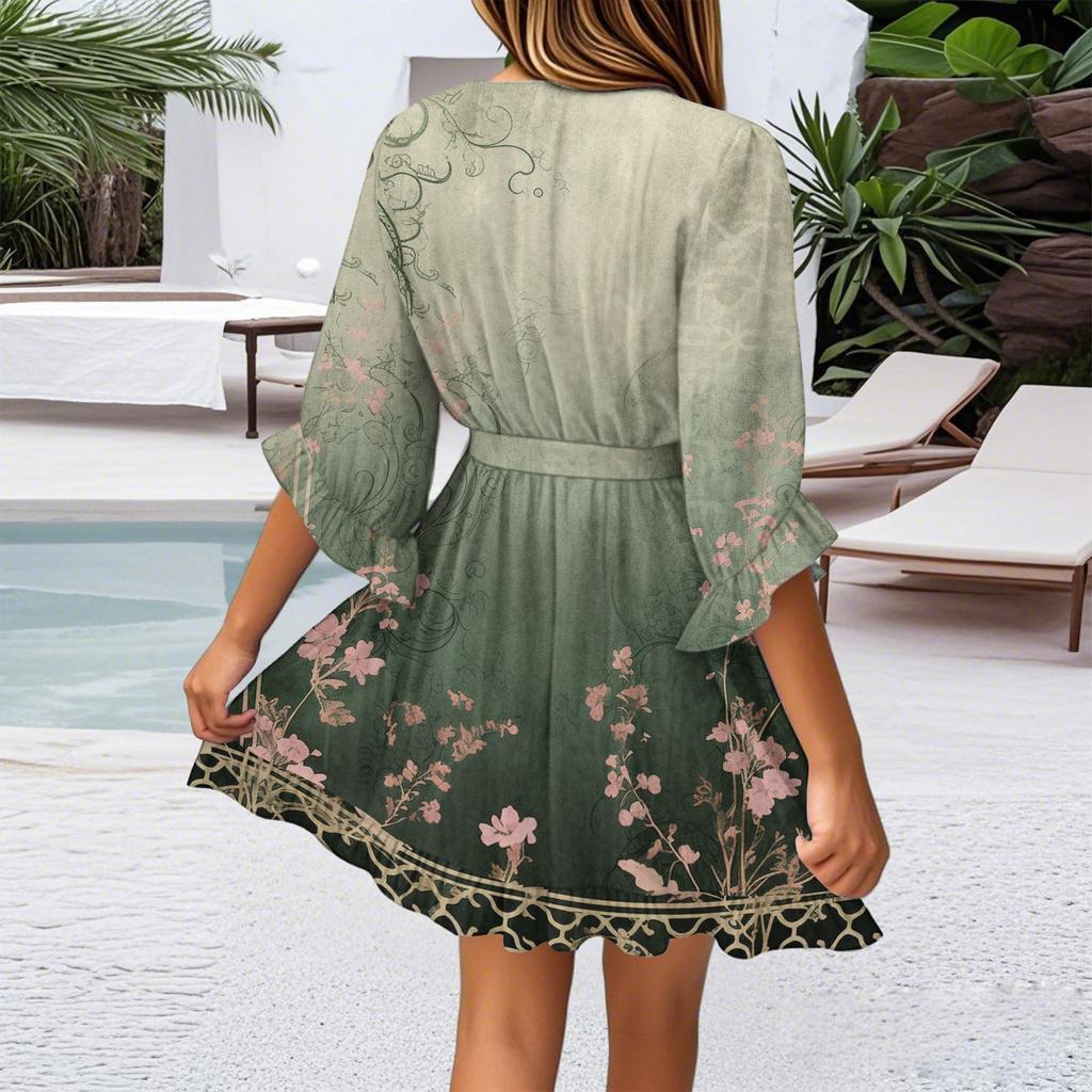 Women's Vintage Printed V-Neck Half Sleeve Corseted Temperament Casual Dress (Belt Included)