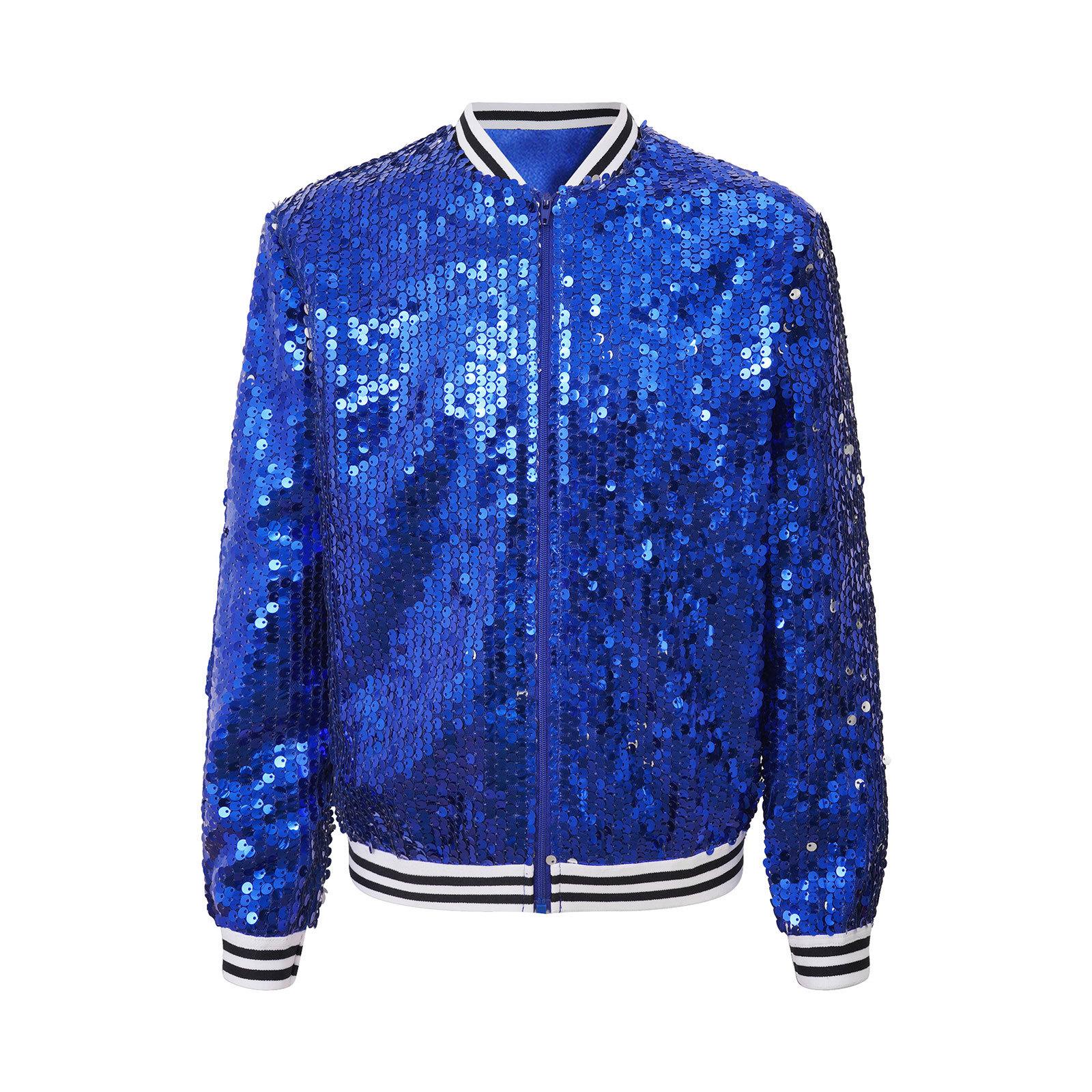 

Дівчача блискуча куртка-бомбер з паєтками, з довгими рукавами, на блискавці спереду, з смугастою обробкою, верхній одяг для танців, вечірок, у стилі бомбер 5-6 Years