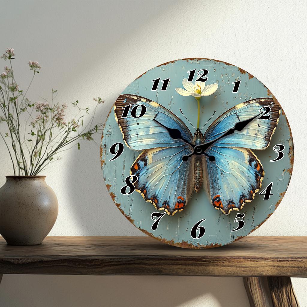 Vintage Butterfly and Flower Wall Clock, Rustic Decorative Silent Quartz Clock for Living Room Decor