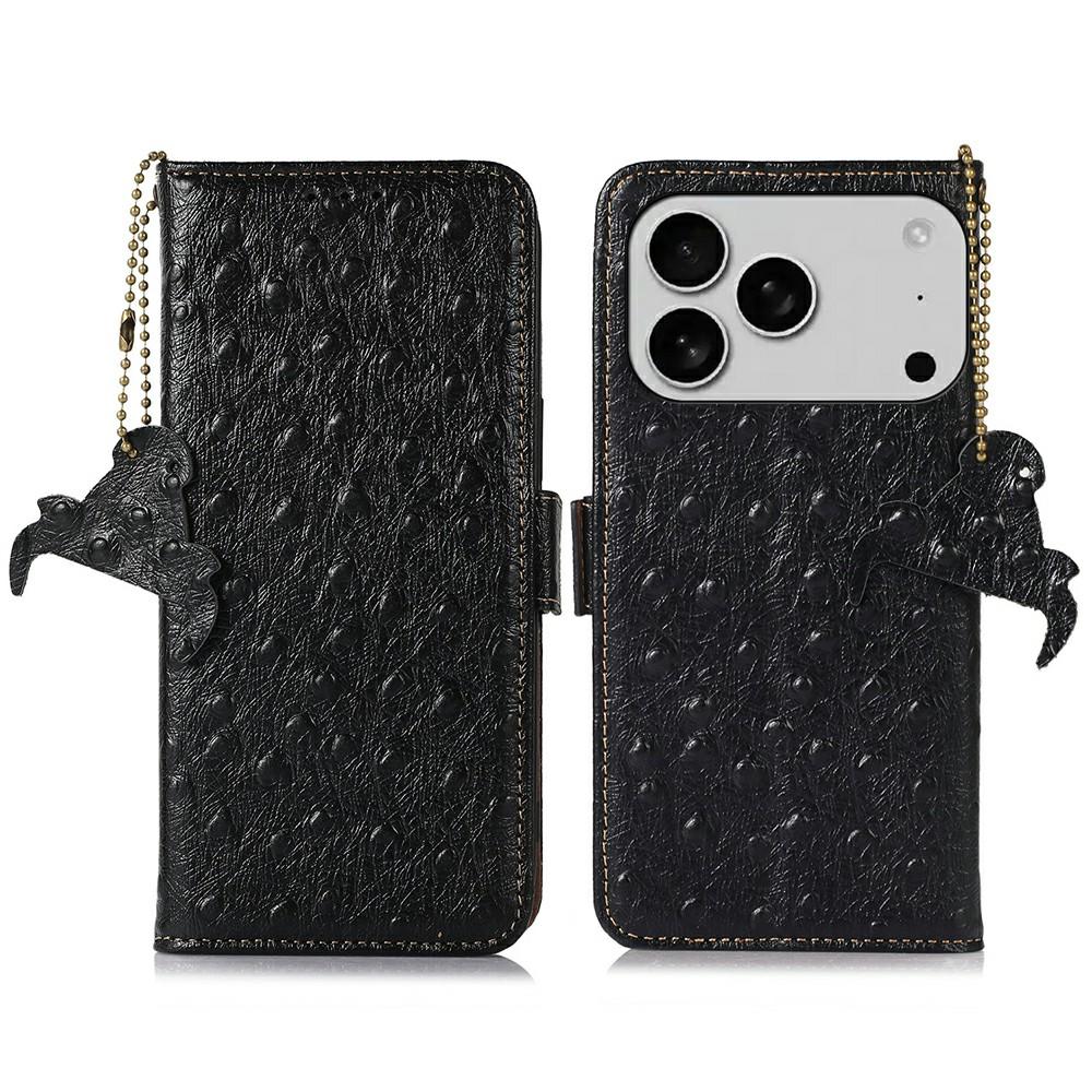 For iPhone 17 Pro Case RFID Blocking Genuine Cow Leather Phone Case Ostrich Texture