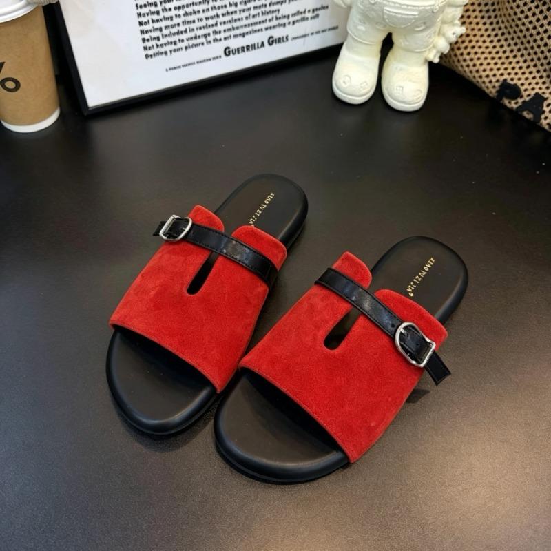 Sommer Mode Mattes Leder Retro Ein-Wort-Schlappe Damen Xia Ping Absatz Schnalle Außen Tragen Strand Coole Hausschuhe Damen
