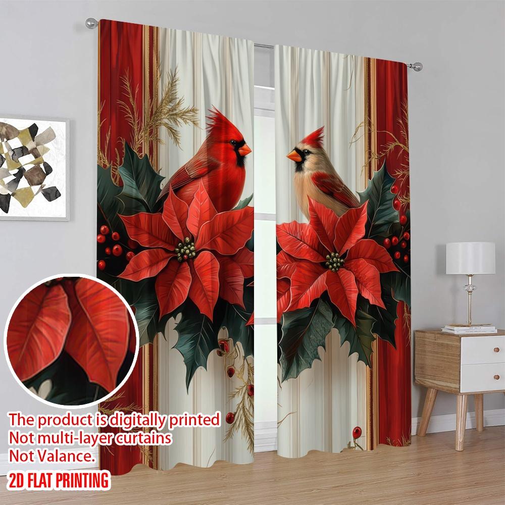 Set Of 2 Flat Printing Scene Curtain Flowers Red Pattern Light Filter Holiday Decorations Use Various Room Decor Aesthetic Polyester