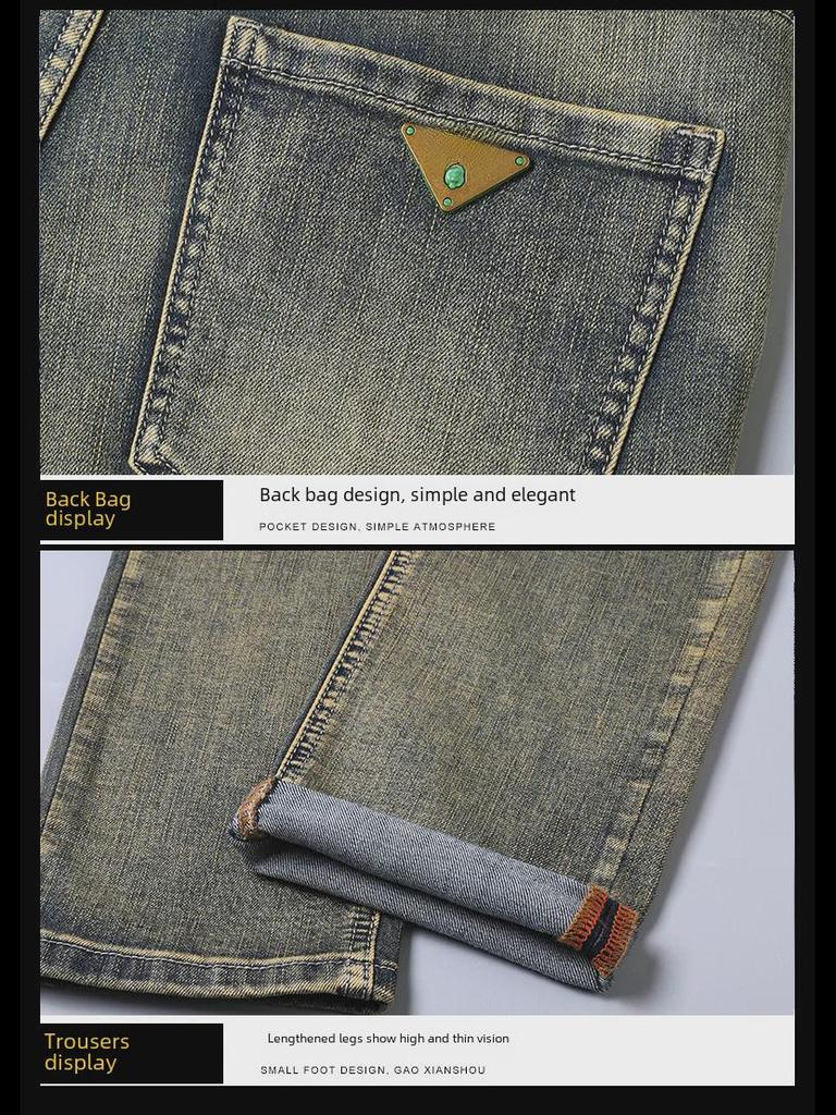 Męskie jeansy slim fit w kolorze mosiądzu z efektem retro i postarzanym wykończeniem - modne jesienne spodnie casual skinny dla chłopców.