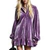 Spot New Autumn and Winter European and American Solid Color Velvet Lantern Sleeves Ruffle Edge Shirt Dress Women's Clothing