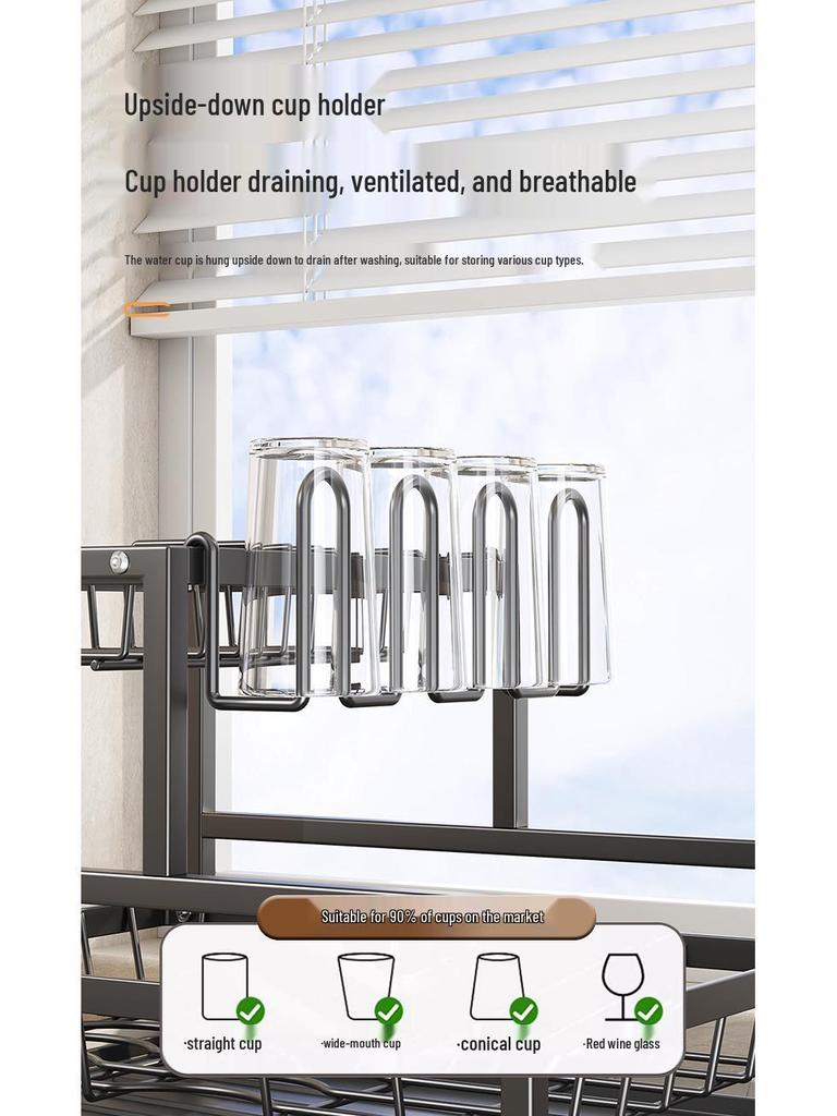 Kitchen Dish Drainer Rack with Cup Holder - Countertop Bowl, Plate, and Chopstick Organizer