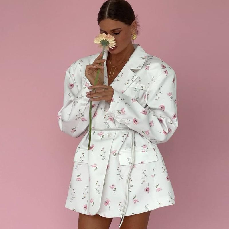 

Women s Blazer Print Lapel Tie Waist Cinching Commuter Loose Long Sleeved Jacket New Fashion 2025 Spring/Summer S білий