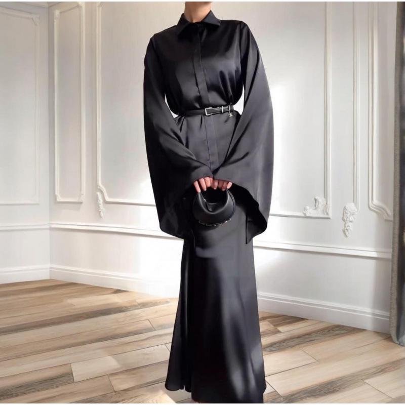 2025 Autumn Satin Flared Sleeve Shirt & Bodycon Skirt Set for Women