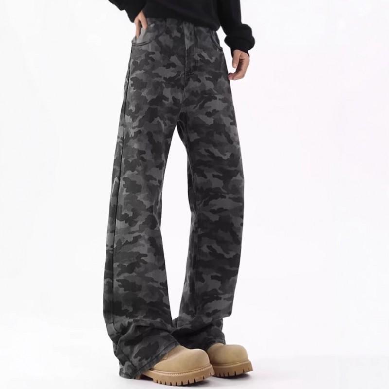Herren Vintage Camo Weite Bein Jeans Entspannter Gerader Schnitt Arbeitskleidung Hosen