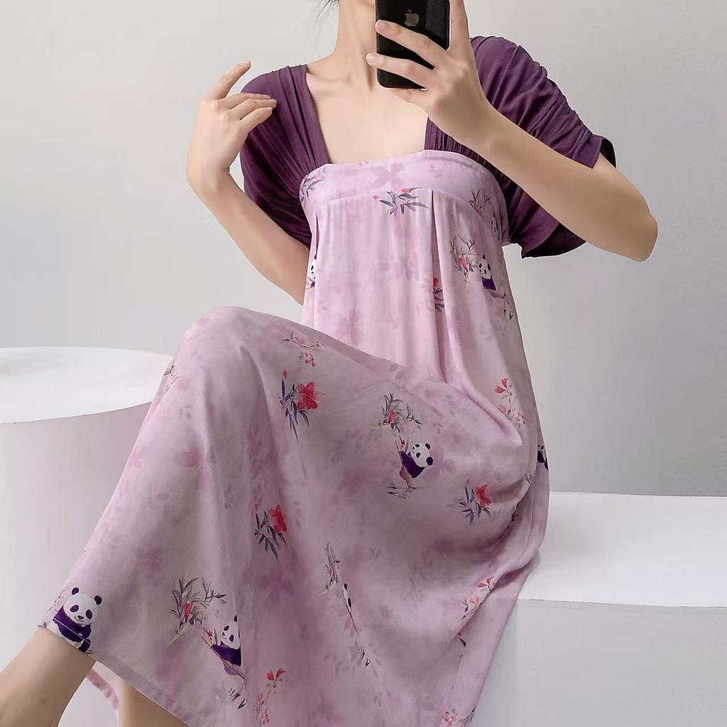 Improved Hanfu short-sleeved cotton and silk nightgown women's summer cotton and silk can be worn outside fairy air artificial cotton loungewear natio