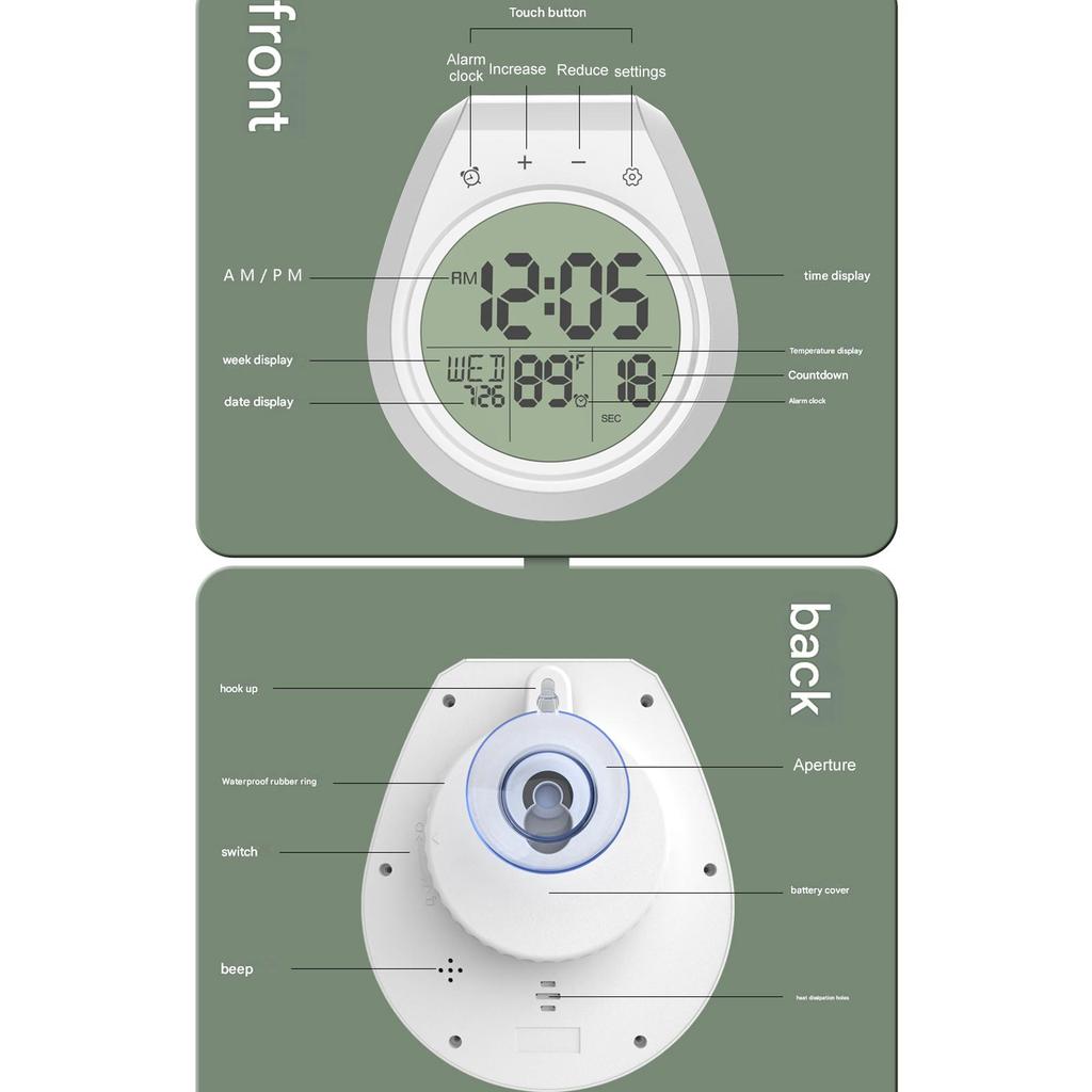 Digital Bathroom Wall Clock Waterproof With LCD Display Time Temperature Date 12/24 Hour Mode Countdown Timer Suction Cup