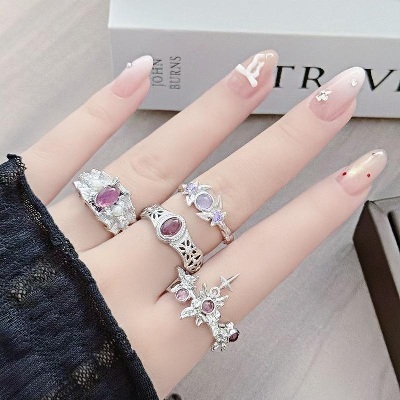 Purple Brilliant Egg Surface Skirt Brushed Bead Opening Ring Niche Light Luxury High Sense Exquisite French Ring Woman