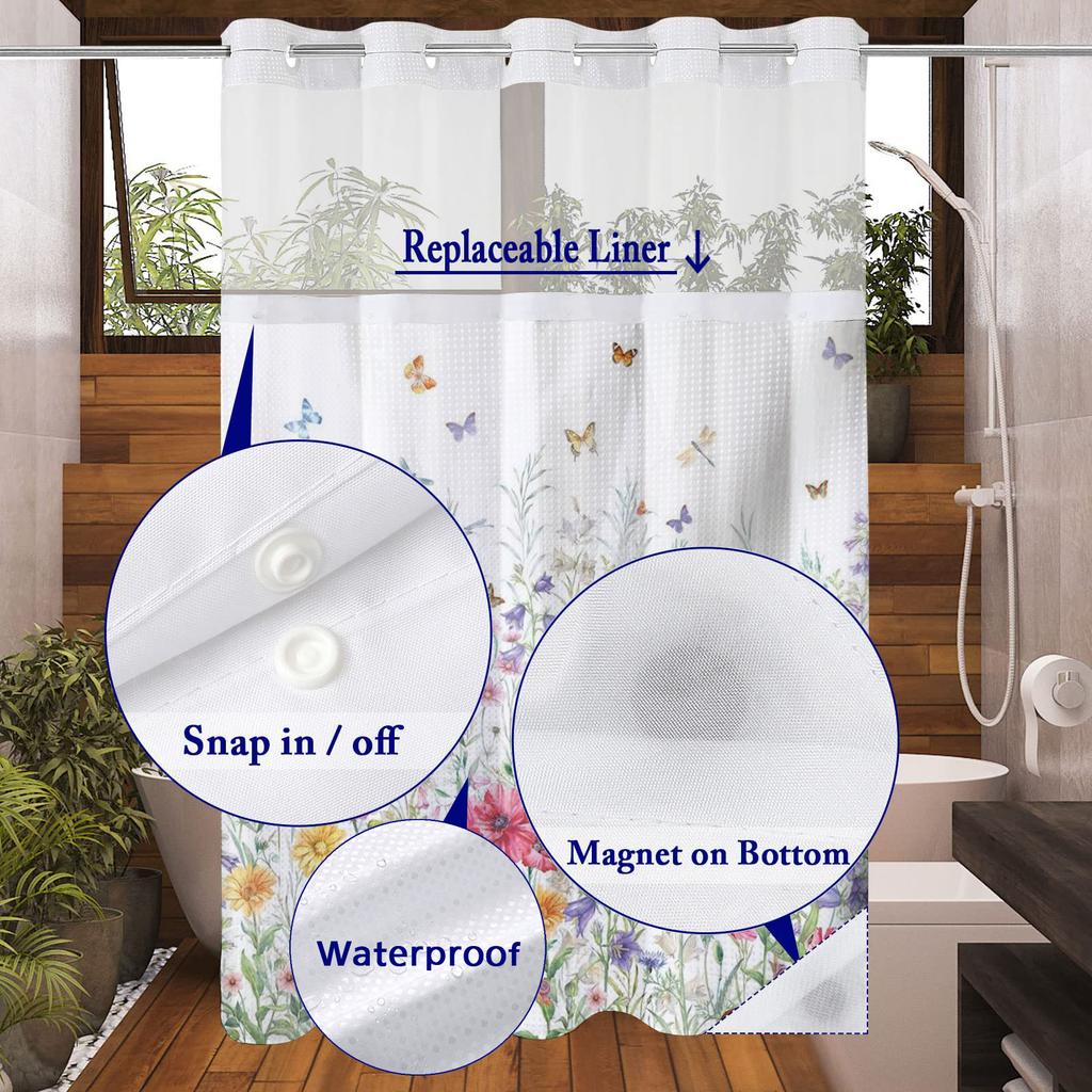 No Hook Floral and Butterfly Shower Curtain With Snap-in Fabric Liner, Sheer Top Window, Waterproof Double Layer Bathtub Curtain