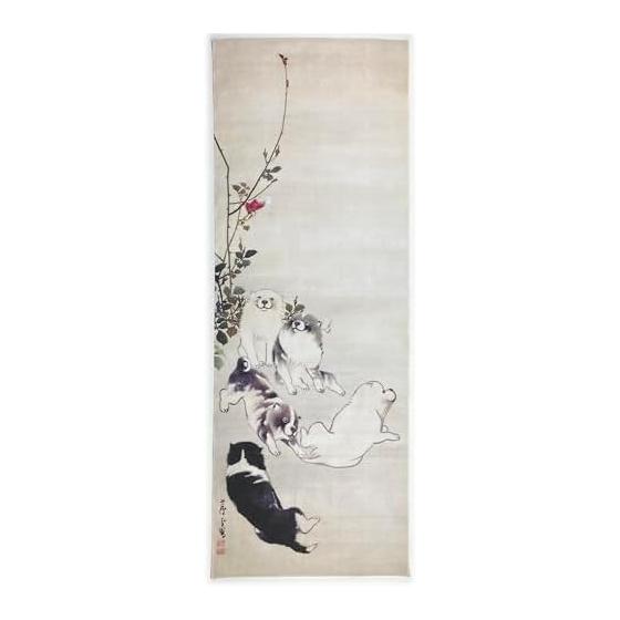 Tenugui Towel - Nagasawa Rosetsu Roses, Butterflies, and Dogs Vertical Pattern, 100% Cotton, Japan s Finest Tokka Fabric