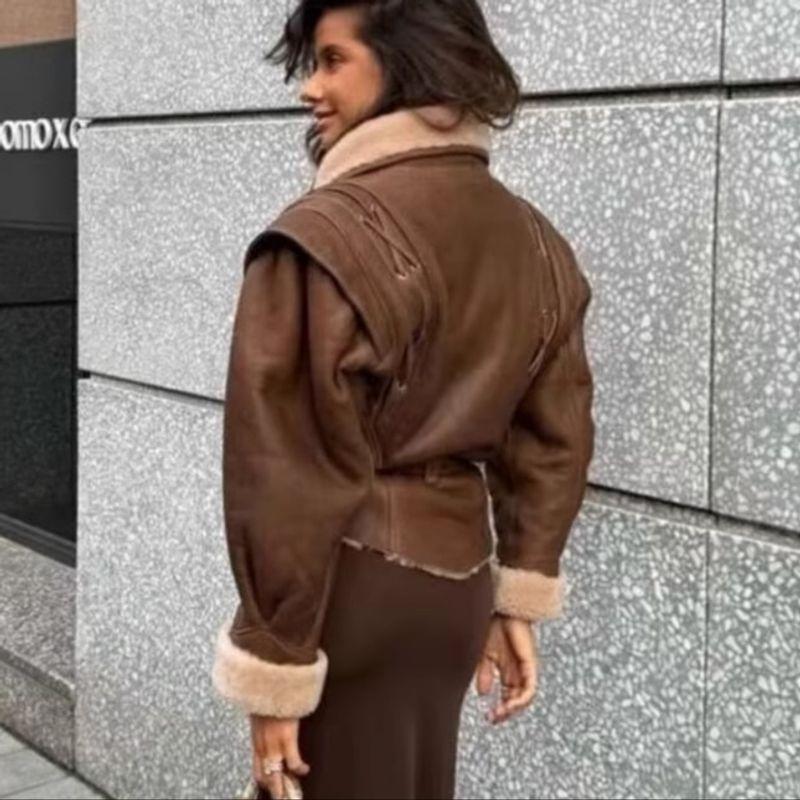 Winter New Women clothes European and American Blogger Retro Ins Style Suede Lamb Wool Jacket Lace-up Short coat