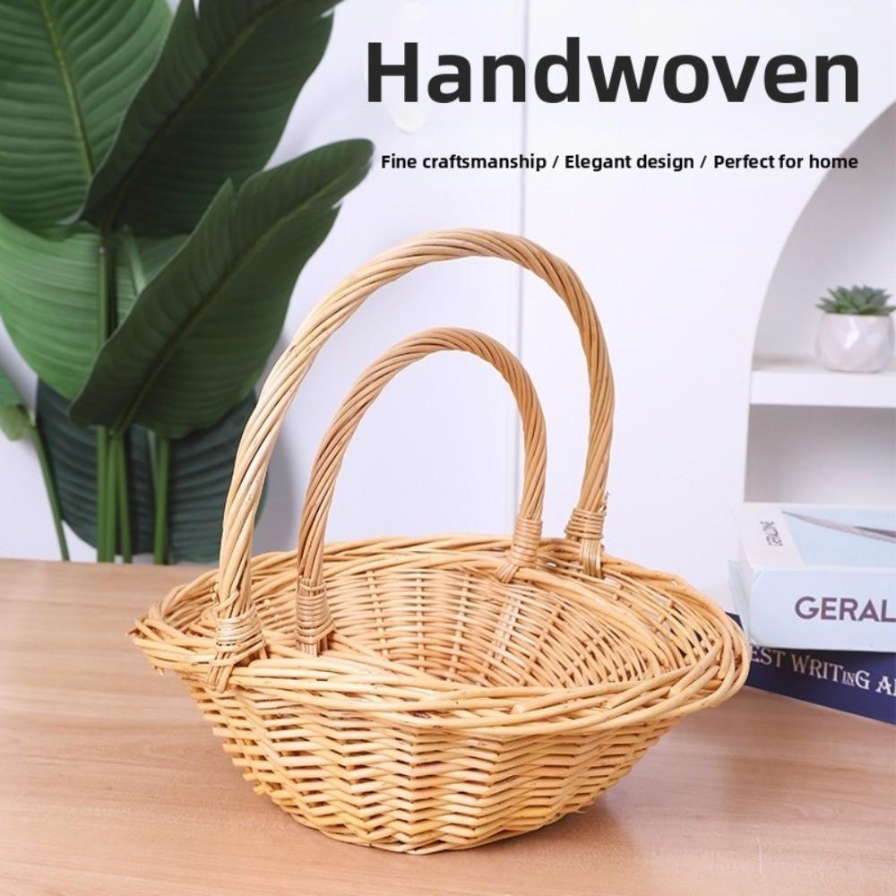 Portable Handheld Rattan Woven Basket Handwoven Decorative Fruit Storage Basket Multi-functional Picnic Basket Kitchen Organizer