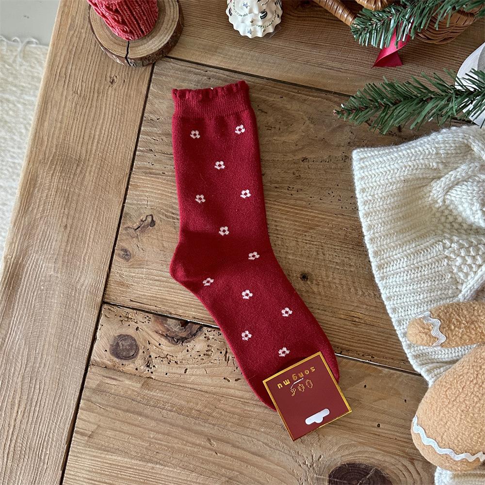Songmu Winter Rabbit Down Big Red Socks New Year Socks Velvet Bow Tube Socks Lucky Socks