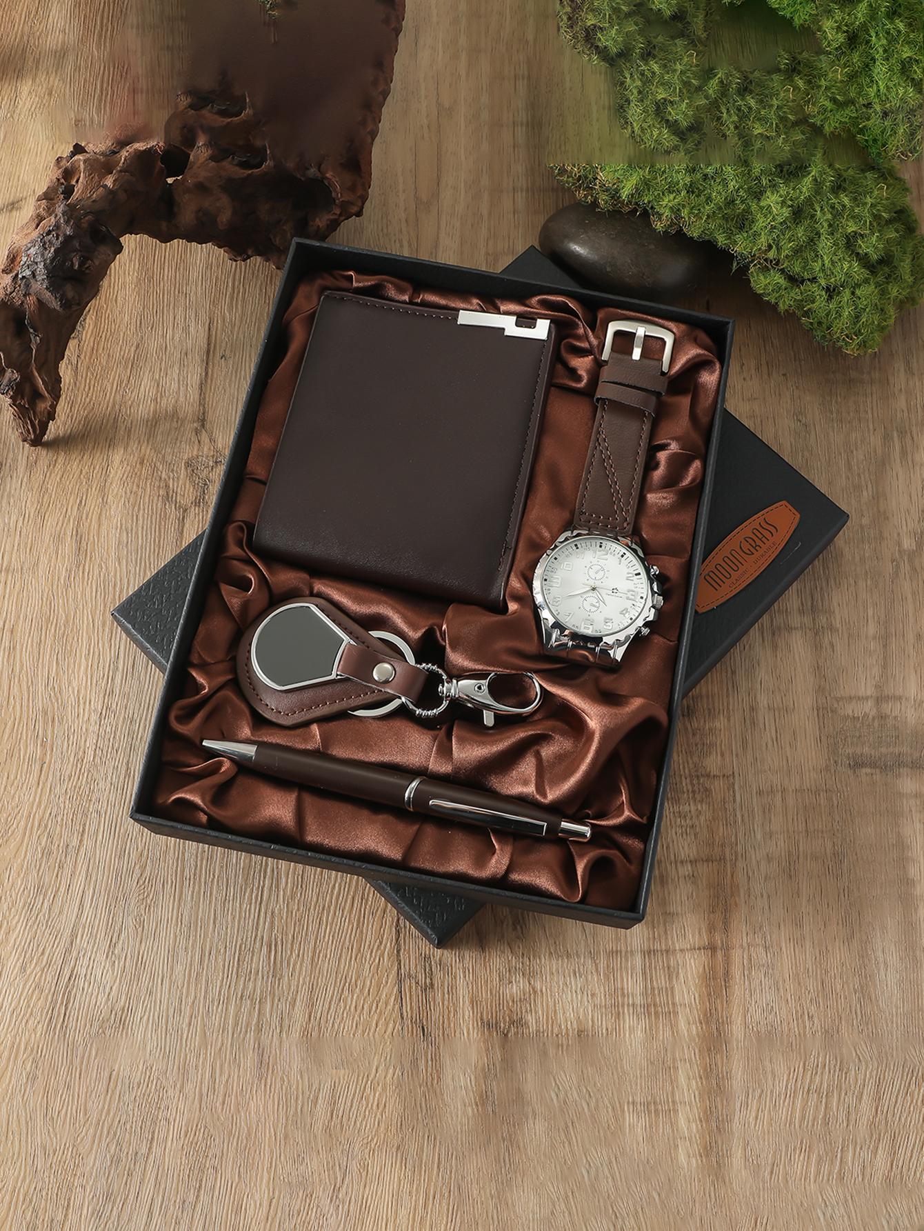 

Новые серебристо-белые круглые часы-хронограф кошелек ручка брелок набор из 4 предметов в подарочной коробке для мужчин коричневый