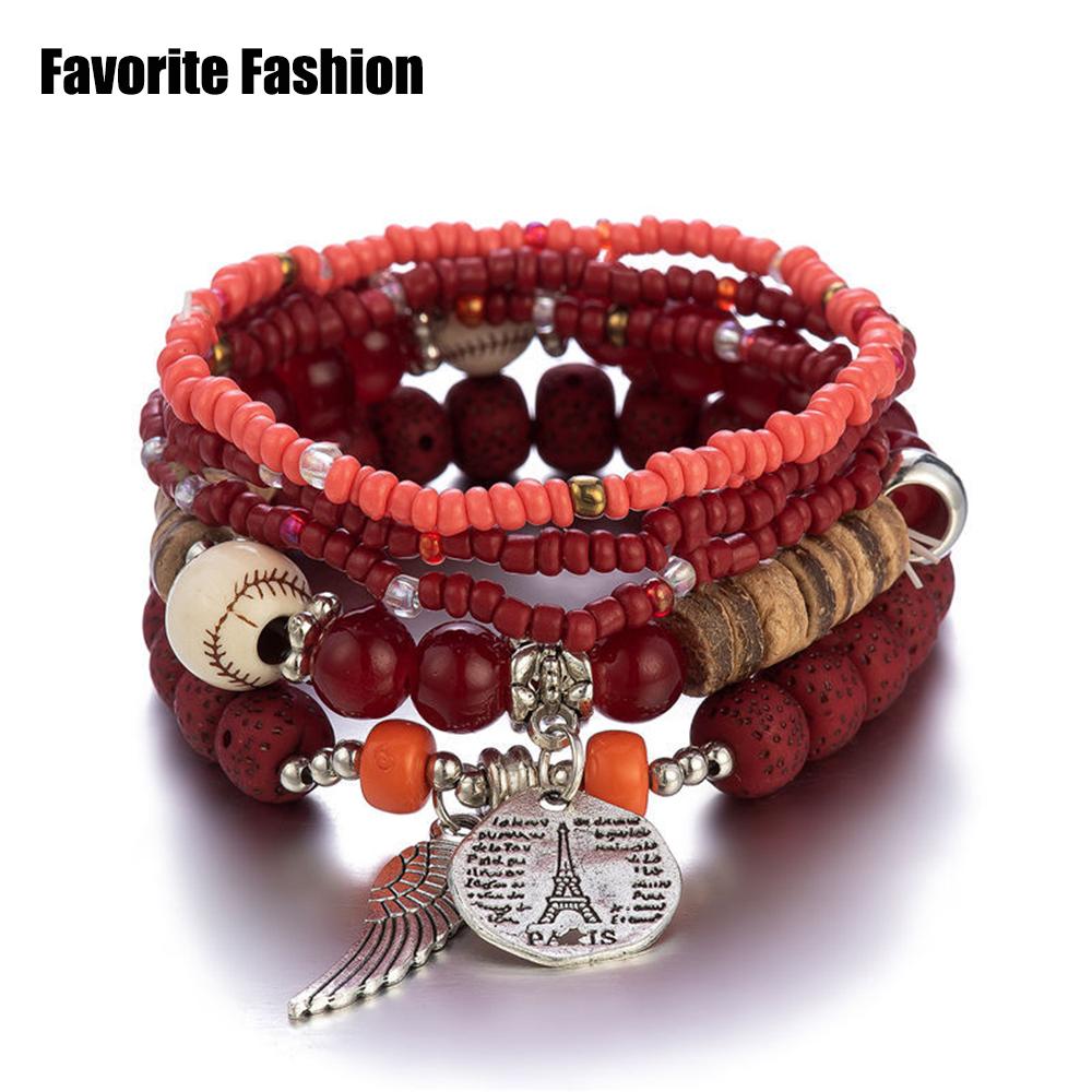 Vintage mehrschichtiges elastisches Perlenarmband Holzperlen Armband Set Schmuck