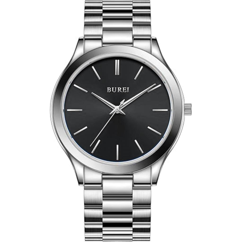 BUREI Men's Quartz Waterproof Analog Wristwatch (Black-Silver)