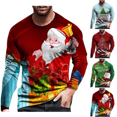 Men's Long Sleeve Christmas Shirt Santa Claus Print Casual Holiday Pullover Crew Neck Lightweight Top