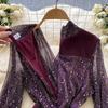 Chic French Style Evening Party Dress for Ladies V Neck Long Sleeves 3D Floral Mesh Sequins Satin Splice Senior Dresses