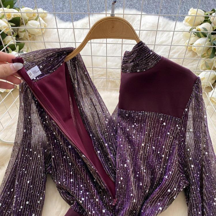 Chic French Style Evening Party Dress for Ladies V Neck Long Sleeves 3D Floral Mesh Sequins Satin Splice Senior Dresses