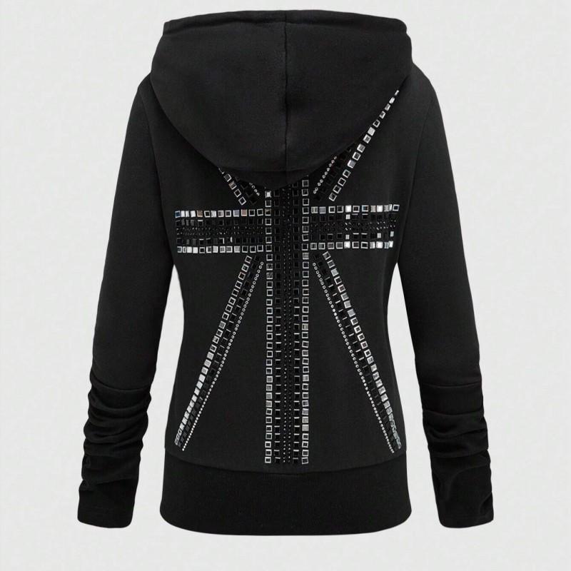 Y2K Streetwear Hooded Zip-Up Sweatshirt With Rhinestone Cross Pockets Loose Fit Long Sleeve Womens Fall 2025