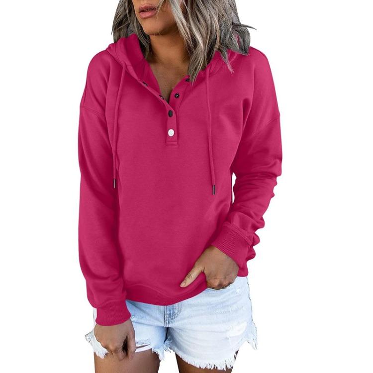 Women Fashion Long Sleeve Casual Solid Color Hooded Sweatshirt Top with Button Front