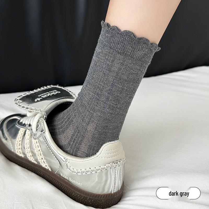 Women's Breathable Cotton Lace Mid-Calf Socks - Soft, Comfortable & Sweat-Absorbent for Commuting.
