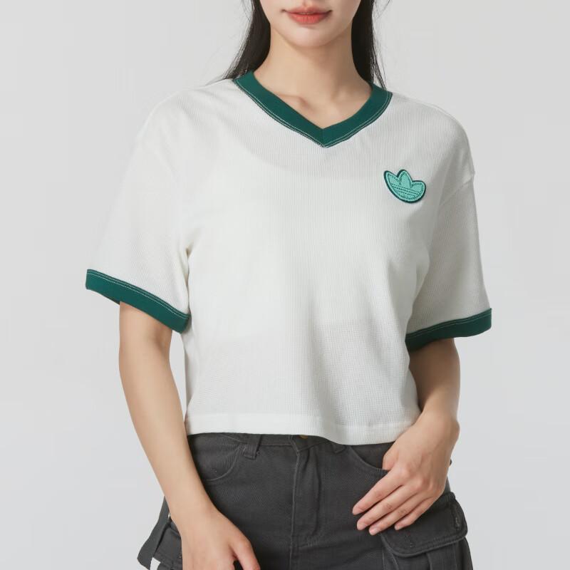 Adidas Originals Color Block Cropped V-Neck T-Shirt Women Tops White JI7239