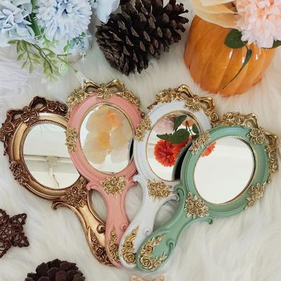 Espejo de Maquillaje de Mano Vintage Estilo Palacio Europeo Princesa Mujeres Niñas Ovalado Espejo de Tocador Herramienta Cosmética con Mango Antideslizante