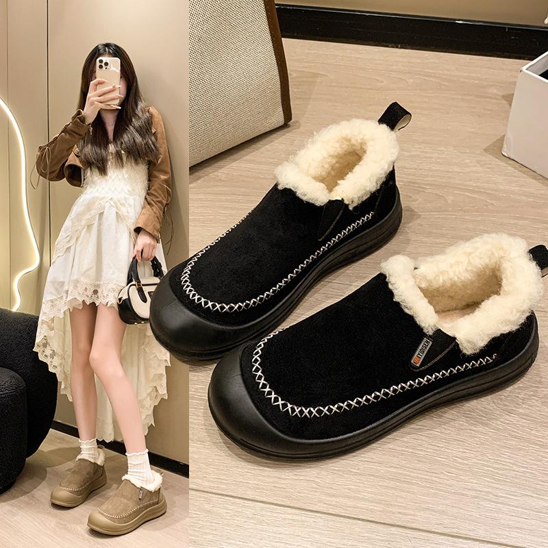 Women's Lightweight Chunky-Soled Winter Insulated Fur-Lined Snow Boots Slip-Resistant Cushioned Casual Athletic Cotton Boots Slip-On Loafers