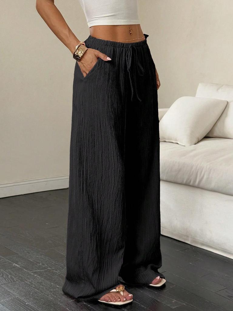 2026 Women's Casual Wide-Leg Pants with Knot Waist and Textured Fabric