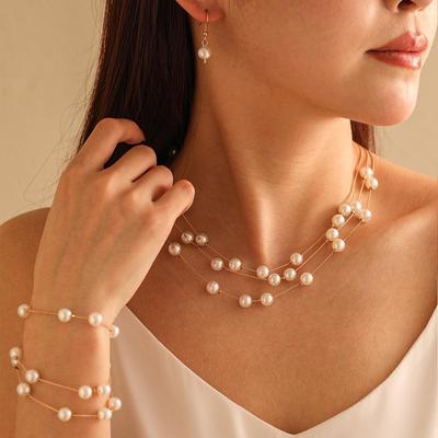 European & American Fashion Pearl Jewelry Set: Necklace, Earrings, Bracelet - Elegant Three-Piece Collection.