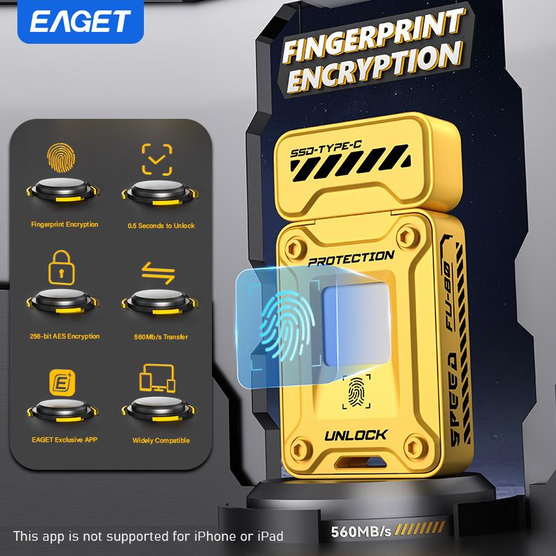 

EAGET Супербыстрый флеш-накопитель SSD с шифрованием по отпечатку пальца, сверхбыстрое распознавание 0,5 с, шифрование AES256, 6 идентификаторов пользователей, высокоскоростная передача 560 МБ/с 128G