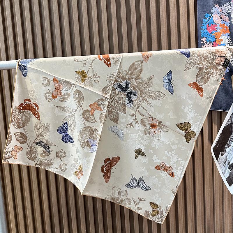 Color butterfly double-sided printed silk silk scarf women s autumn and winter hemming heavy 100% mulberry silk square scarf neck protection shawl 65*65cm