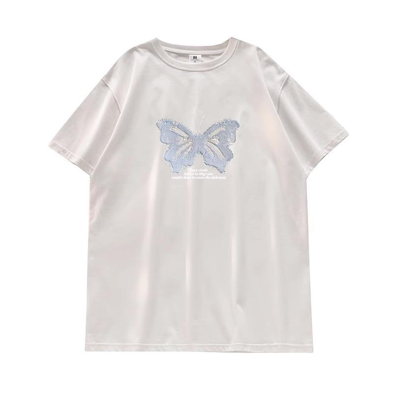 Butterfly Short-sleeved T-shirt Women's Summer New Design Sense Niche French Sweet Top Korean Chic Pure Cotton Half-sleeve