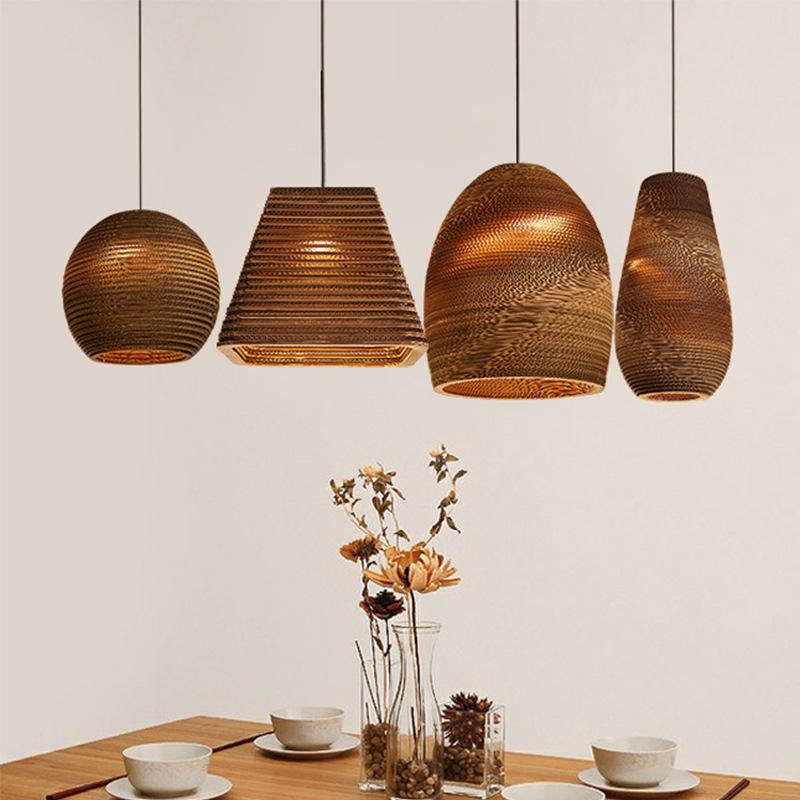 Vintage Nordic Corrugated Paper Round Shade Cord E27 Hanging Lamp Indoor Decoration Brown Pendant Light Fixture Restaurant