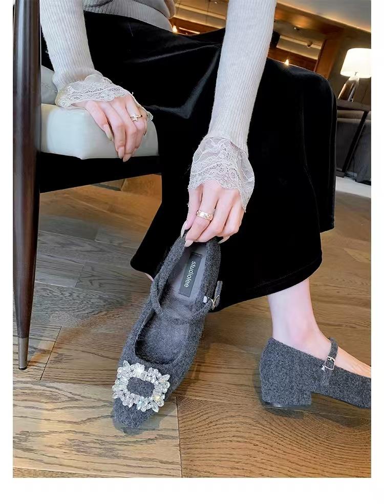 Cowhide Version~ Grape Mom Has the Same New Diamond Buckle with a Small Square Head with a Warm Thick Heel and Mary Jane Women's High-heeled Single