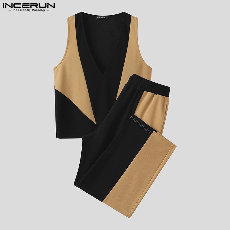 INCERUN Men V Neck Sleeveless Stitching Waistcoat and Long Pants Outfits Sets