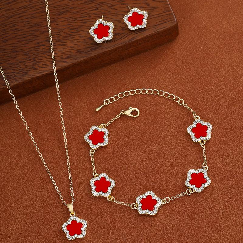 Diamond Studded Five Petal Flower Earring Necklace Complete Set of Jewelry Versatile and Fashionable Five Leaf Flower