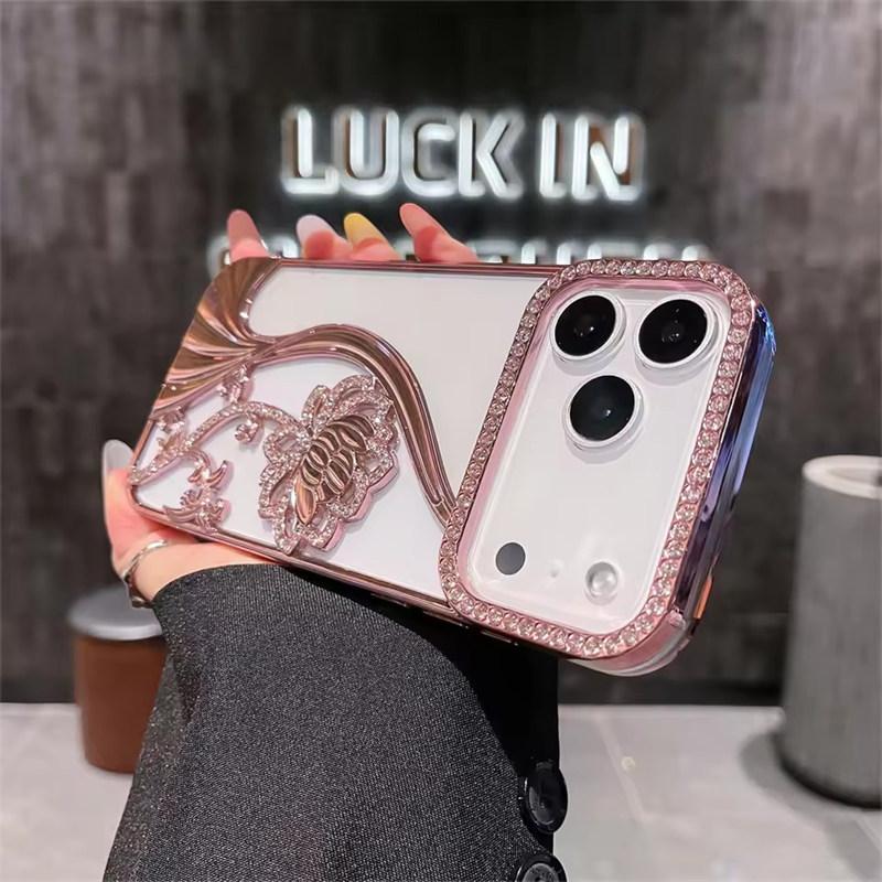 Glitter Rhinestone Flowers Transparent Phone Case For iPhone 17 Air 16 15 14 13 12 11 Pro Max Plus Plated Armor Frame Back Cover