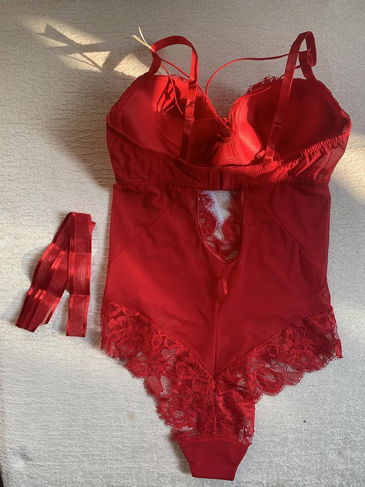 Women Sexy French Style Romper Tight-Fitting Bodysuit Transparent Bowknot One Piece Lace Lingerie