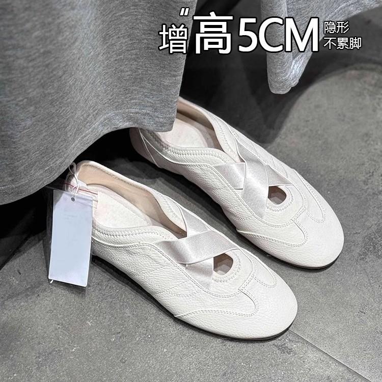 Leather inner height increase 5cm Mary Jane shoes 2025 new summer cross belt sports ballet versatile single shoes women