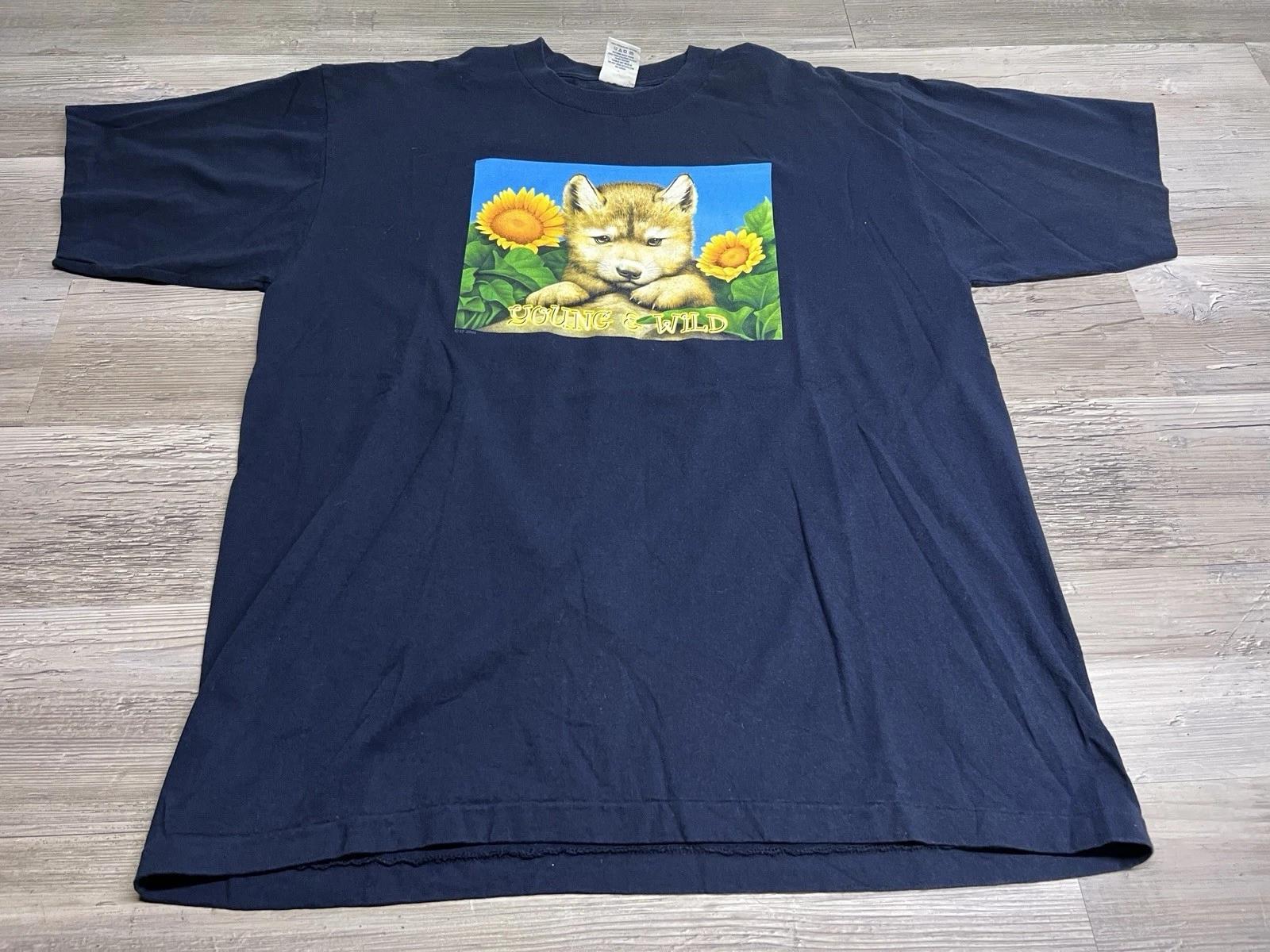 

Vintage Y2K Cute Baby Wolf Shirt Sunflowers Young & Wild Just A Girl USA Made XL M