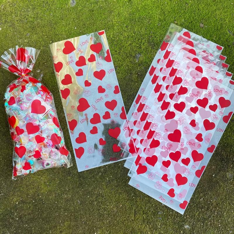 30/50/100Pcs Transparent Plastic Opp Bags Red Heart Love Printed Gift Bags With Golden Ties For Valentine'S Day And Couples