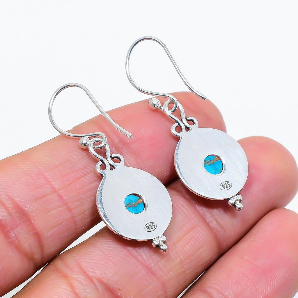 Copper Blue Turquoise 925 Sterling Silver Earring V3720, Blue Earring, Round Earring, Valentin's Day Gift, Gift For Her, Birthday Gift, Handmade Jewel