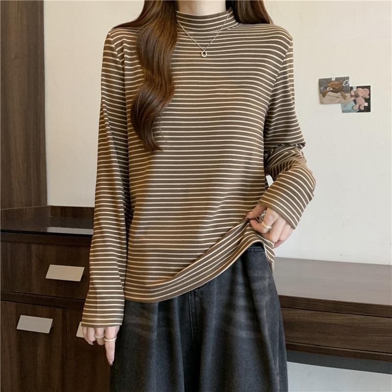 

Реальное фото женской базовой рубашки с полувысоким воротником, осенне-зимний топ из немецкого вельвета, полосатые длинные рукава XL темно-коричневого