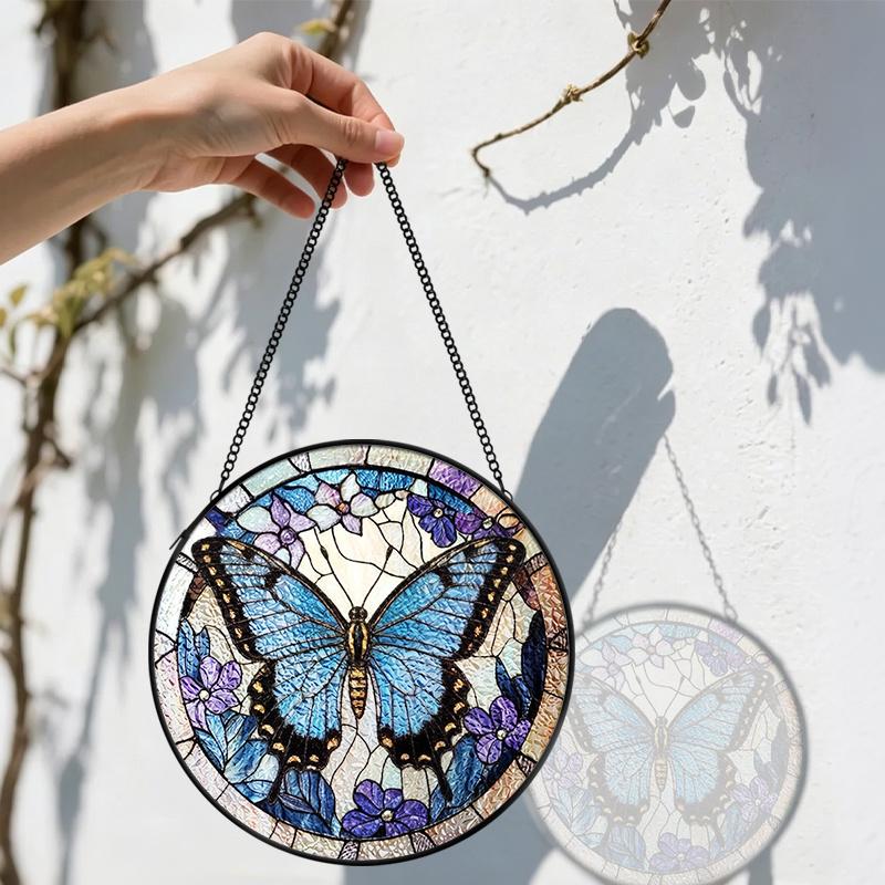 2D Flat Stained Glass Blue Butterfly Window Decoration, Elegant Colored Glass Plate with Chain, Charming Sun Catcher Wall Art Home Garden Decor